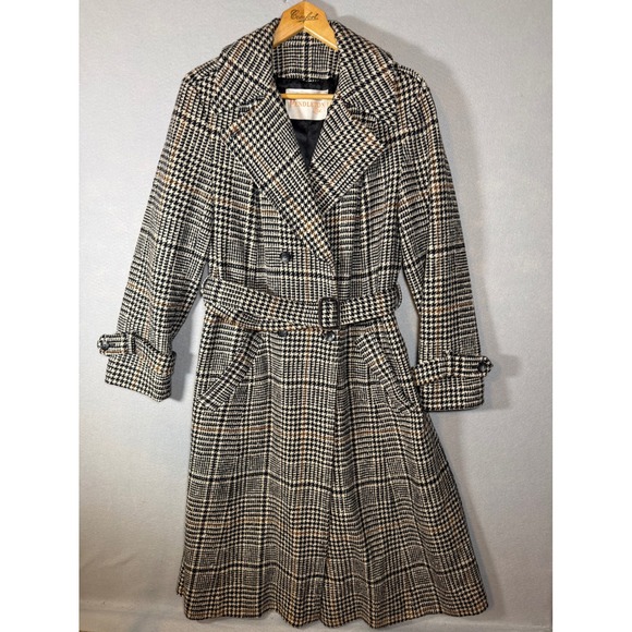Pendleton Jackets & Blazers - Vintage Pendleton Wool Trench Coat Houndstooth Glen Plaid Double Breasted Belted